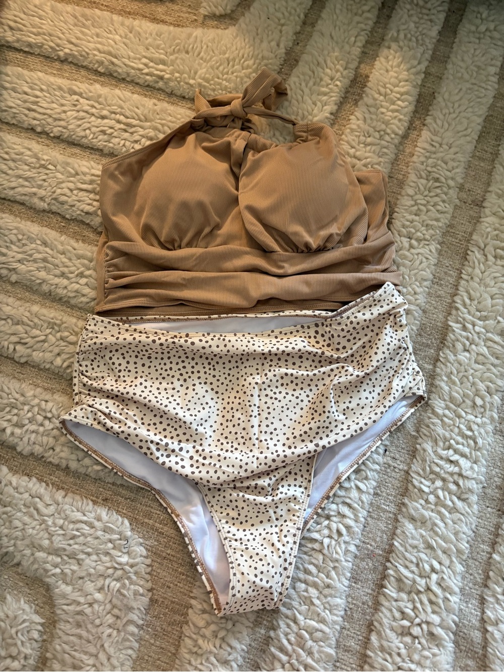 Two-Piece One-Piece Style Swimsuit in Camel and Cream Dot